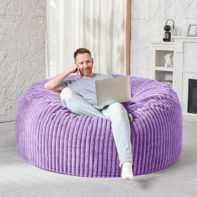 HABUTWAY 4FT Bean Bag Chair, 4' Large Bean Bag Chairs for Adults with Removable Stripe Plush Cover, Memory Foam Beanbag Chair for Living Room Bedroom Dorm (Purple)