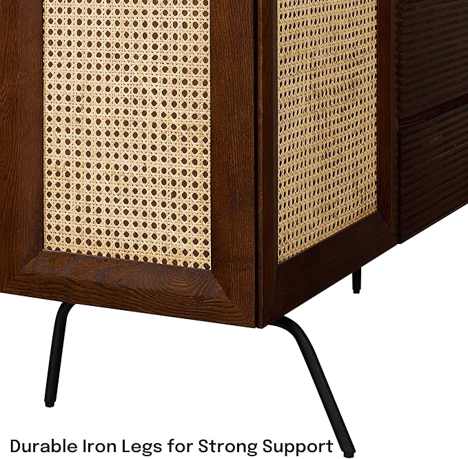 NTC MOSSIC Sideboard with 2 Doors and 3 Drawers, Buffet Cabinet with Natural Rattan and Metal Legs, Modern Storage Cabinet for Living Room, and Hallway, Effortless Assembly - Dark Walnut