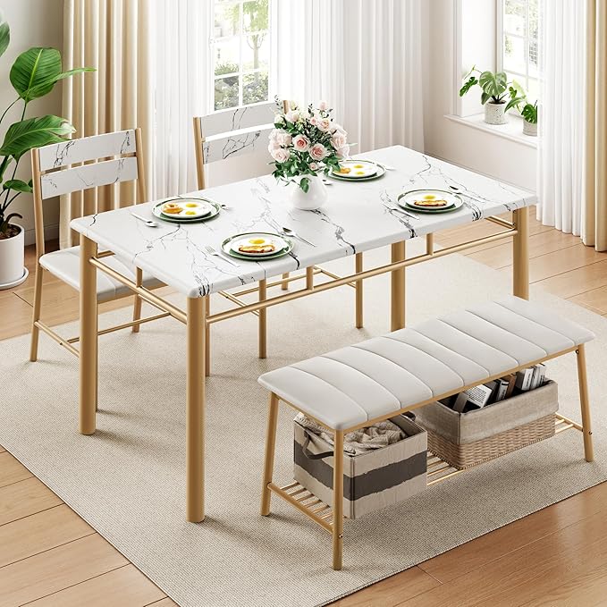IRONCK Dining Table Set for 4, Kitchen Table with Upholstered Bench and 2 Chairs, Kitchen Table and Chairs Set for Small Space, Apartment, White & Gold