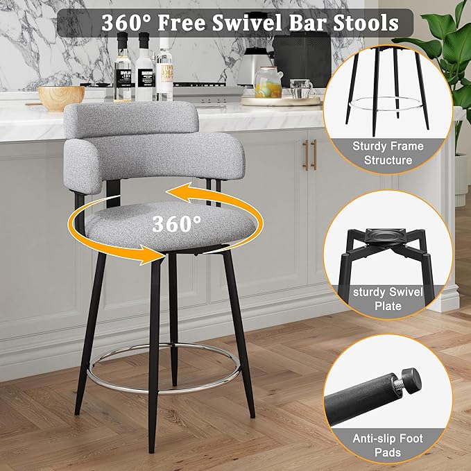 Swivel Bar Stools Set of 2, Counter Height Bar Stools with Ergonomic Full Back, Upholstered Linen Fabric Barstools with Chrome Metal Footrest for Kitchen Island, Dining Room