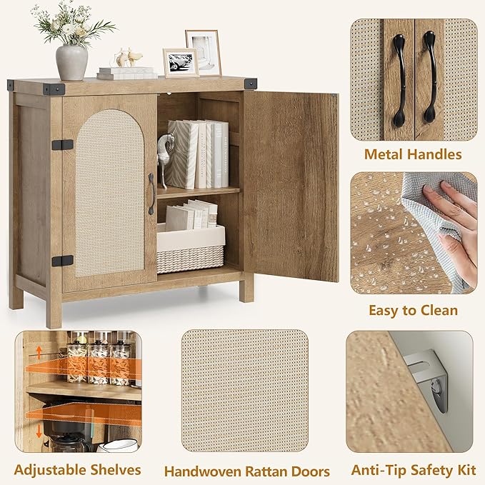 IDEALHOUSE Rattan Buffet Cabinet with Storage, Sideboard with Synthetic Rattan-Accent Doors, Adjustable Shelves, Storage Cabinet for Living Room Dining Room Hallway, Natural