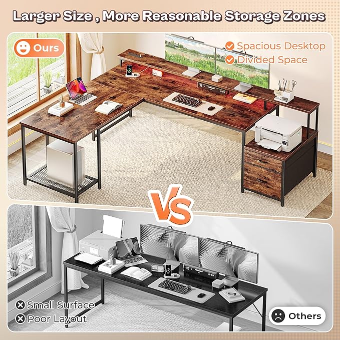 PRAISUN 66 Inch L Shaped Computer Desk with Power Outlets and LED Lights, Home Office Desk with Fabric Drawers and Print Stand, L Shape or Long Set up, Monitor Stand, Mesh CPU Stand, Rustic Brown