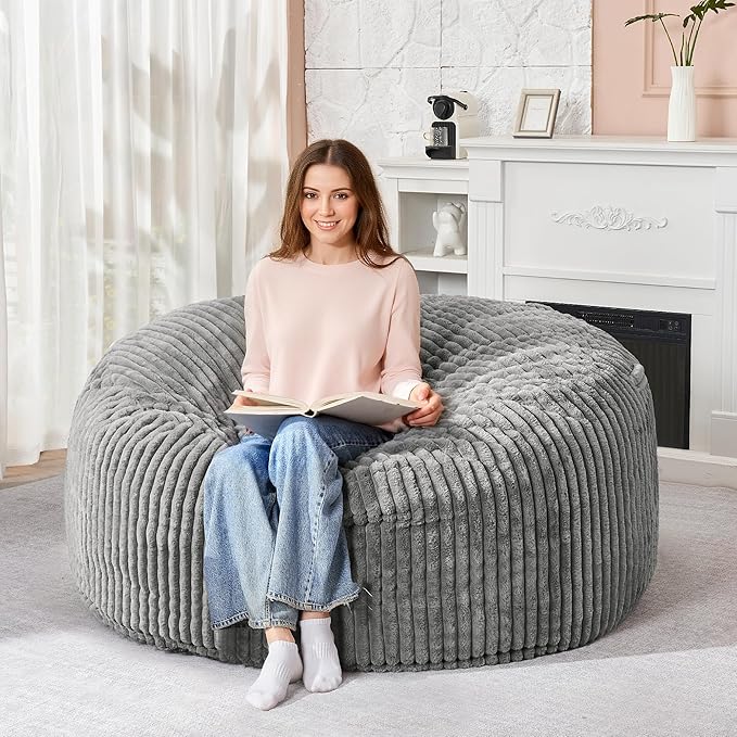 HABUTWAY 4FT Bean Bag Chair, 4' Large Bean Bag Chairs for Adults with Removable Stripe Plush Cover, Memory Foam Beanbag Chair for Living Room Bedroom Dorm (Grey)