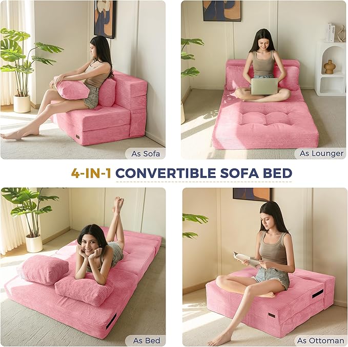 MAXYOYO Convertible Sofa Bed, Fold Out Sleeper Sofa with Pillow, 4 in 1 Tufted Folding Couch Bed Foam Floor Couch, Lazy Chair for Living Room Bedroom Guest Room, Pink