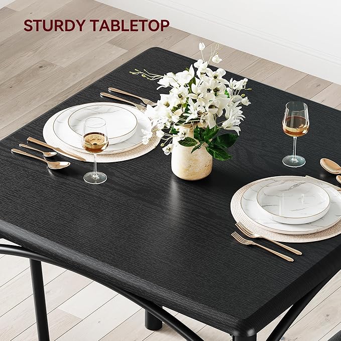 GarveeHome Dining Table Set for 2, Kitchen Table with 2 Upholstered Chairs, Wood Square Dining Table and Chairs Set for Small Space, Apartment, Dinner, Rustic Black