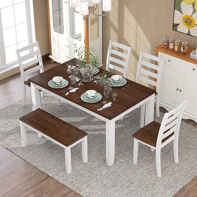 Ball & Cast 6 Piece Dining Table Set with 4 Upholstered Chairs & 1 Bench,Wooden Living Room Furniture W/ 60" Rectangle Kitchen Desk,for Restaurant,Home Bistro，Walnut + Cottage White