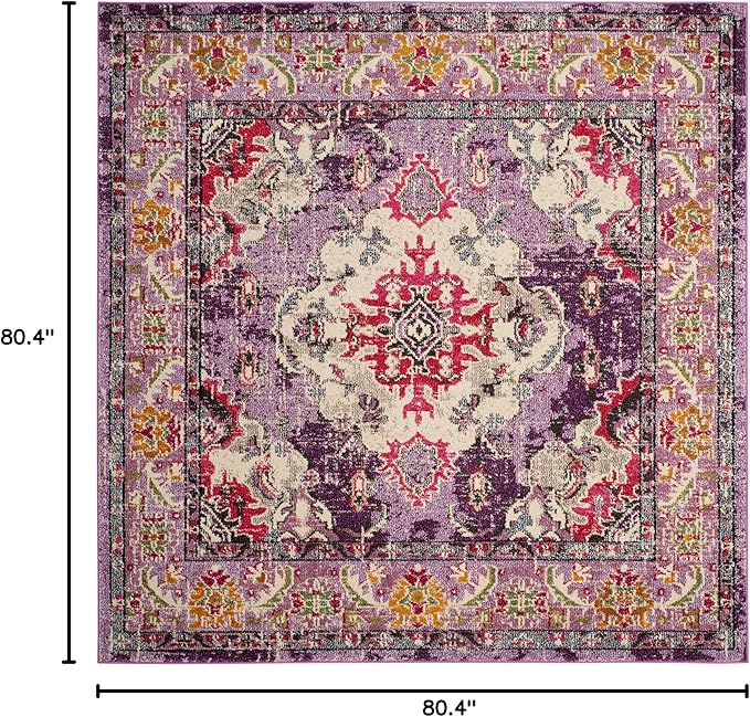 SAFAVIEH Monaco Collection Area Rug - 6'7" Square, Violet & Fuchsia, Boho Chic Medallion Distressed Design, Non-Shedding & Easy Care, Ideal for High Traffic Areas in Living Room, Bedroom (MNC243P)