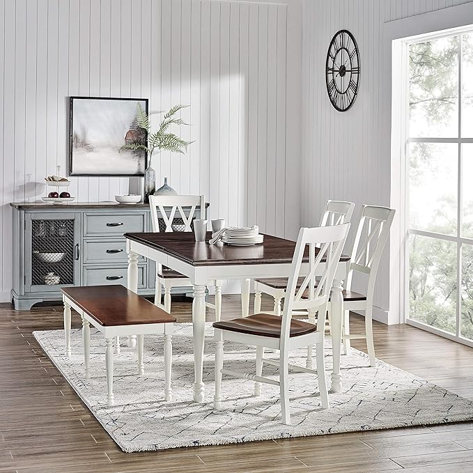 Crosley Furniture Shelby 6-Piece Traditional Dining Table Set for 7 with 4 Chairs and a Wood Bench, Distressed White