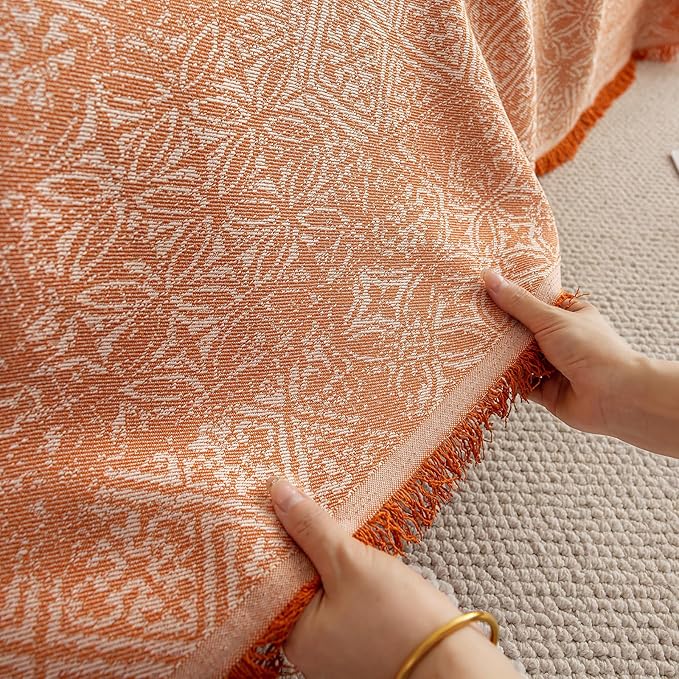 STACYPIK Boho Sofa Cover for Pets, Orange Geometric Couch Cover for 3 Cushion Sofa, Washable Dogs Protector for Living Room, Anti-Slip Sectional Covers for Loveseat with Tassel Throw Blanket-71X134IN