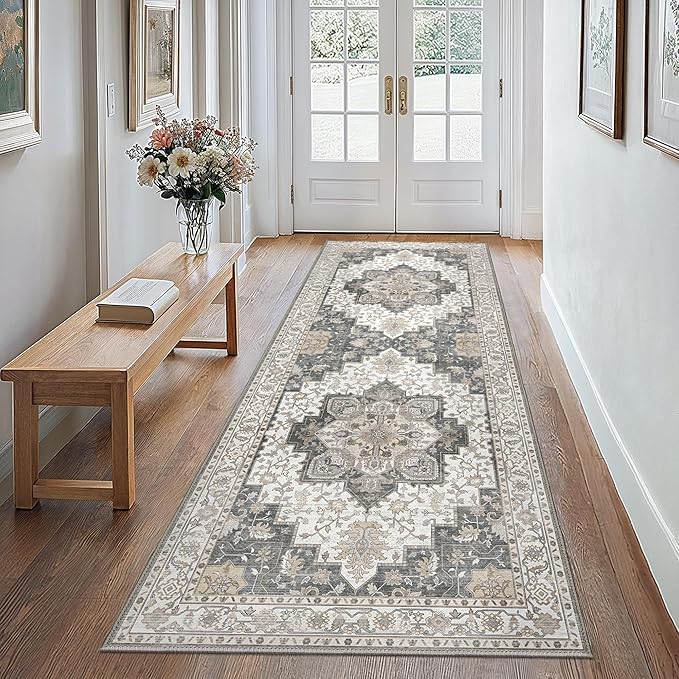 GENIMO 2x10 Runner Rugs for Hallway, Machine Washable Non Slip Vintage Rugs, Low Pile Lightweight Soft Print Rug for enrtyway, Corridor, Home Office, Kitchen, Heathered Grey