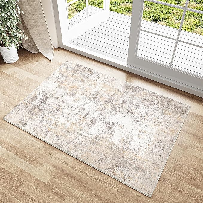 2x3 Washable Area Rug Beige Grey Neutral Abstract Entryway Kitchen Non Slip Low Pile Throw Rug Living Room Bedroom Indoor Doormat Small Soft Carpet for Entrance Bathroom