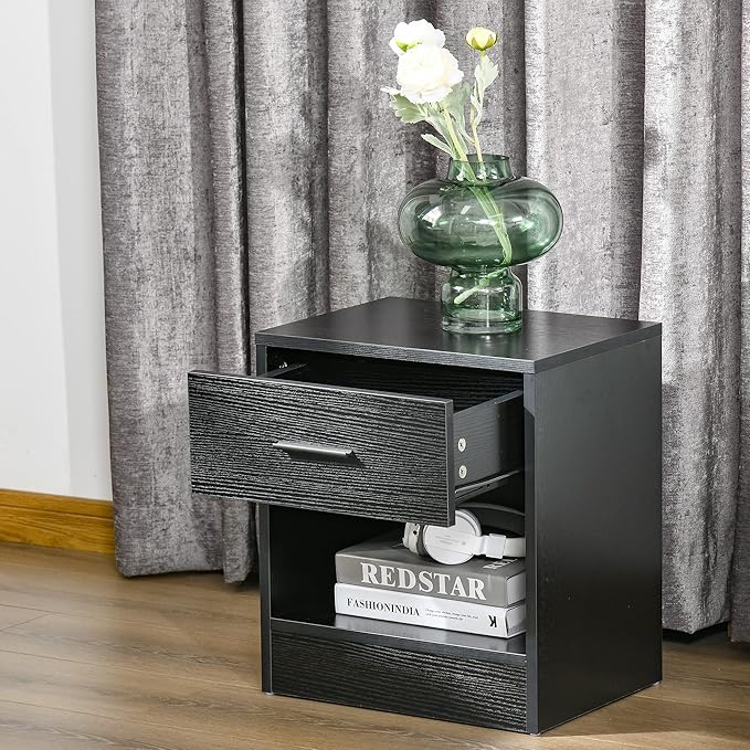 HOMCOM Modern Accent End Table with Drawer and Storage Shelf, Sofa Side Table for Living Room, Black Wood Grain