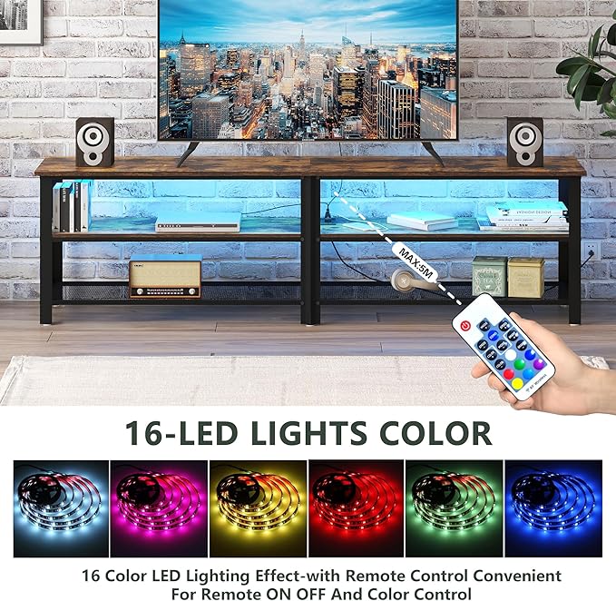 Clikuutory Modern Brown 71 inch Metal TV Stand with LED Lights and Power Outlets for 50 60 65 70 75 80 Inch TVs, 3 Tier Television Stands with Entertainment Center and Storage for Living Room, Bedroom