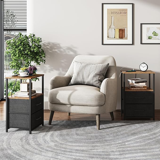 TUTOTAK End Table with Charging Station, Side Table with 2 USB Ports and Outlets, Nightstand with Cloth Drawer, Set of 2, Couch Table, Brown and Black TB01BB052K