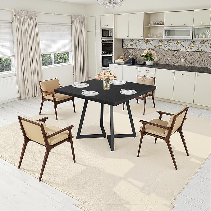 Square Dining Table for 4, 31.5-Inch Farmhouse Dinner Table Wooden Kitchen Tables with Metal Base for Dining Room, Kitchen, Living Room, Black