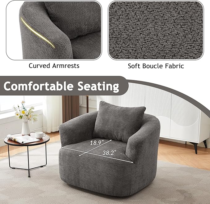 Merax Modern 360° Chenille Swivel Barrel Chair with A Throw Pillow & Armrest, Upholstered Cozy Single Round Sofa with Deep Seating for Living Room Bedroom,Office, Hotel, Easy Assemble, Grey
