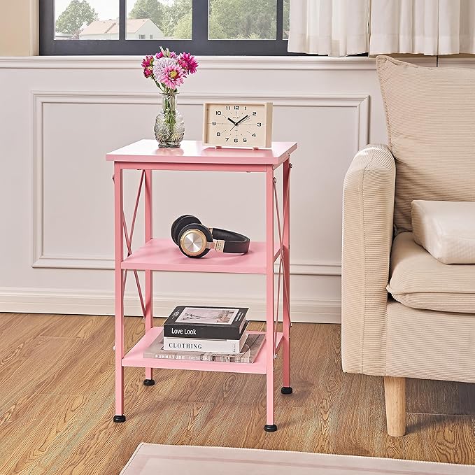 VECELO End Table, Bedside Table, 24" Tall Living Room End Tables, X-Design Reinforced Nightstands, Side Table with 3-Tier Storage Shelves for Small Spaces, Office, Bathroom, Bedroom, Pink