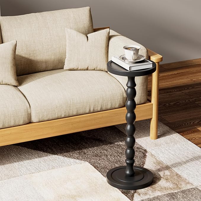 Rubber Wood‌ Small Side Table, Solid Wood‌ Round End Tables for Small Spaces, Martini Tables, Pedestal Drink Table for Living Room, Bedroom, Corners, and Office (Black, 9.4inch)