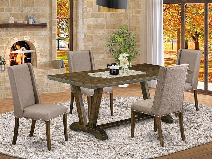 East West Furniture V777FL716-5 5 Piece Dining Table Set for 4 Includes a Rectangle Kitchen Table with V-Legs and 4 Dark Khaki Linen Fabric Upholstered Chairs, 40x72 Inch, Multi-Color