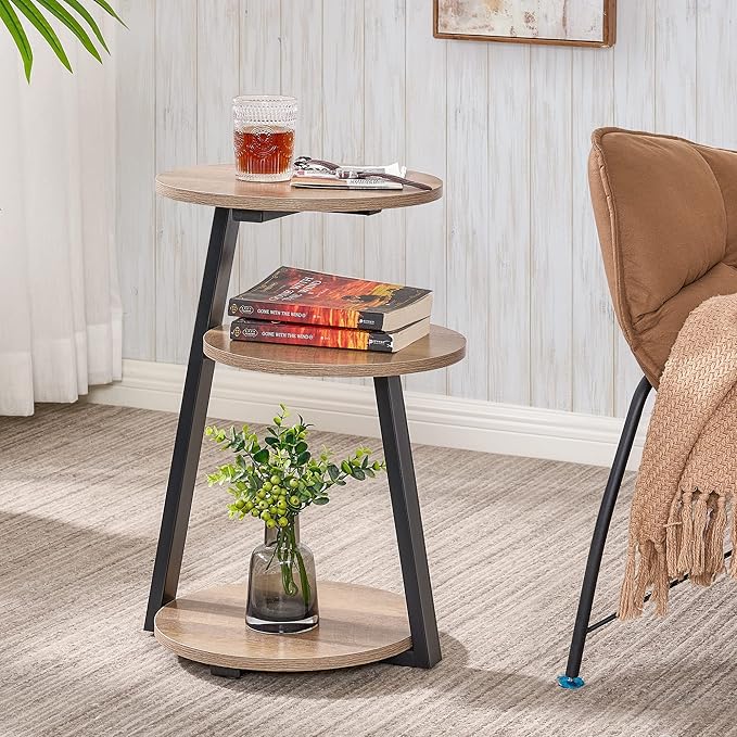 BEWISHOME Round End Table Side Table with Metal Frame, Accent Table Nightstand Bedside Table with 3-Tier Shelves, Small Couch Coffee Table for Living Room Bedroom Greige KTZ41G
