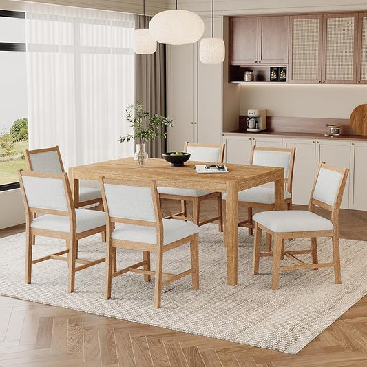 Merax 7 Pieces Retro Dining Set for 6, Rectangular Wood Dining Table with 6 Upholstered Chairs for Kitchen, Living Room, Natural