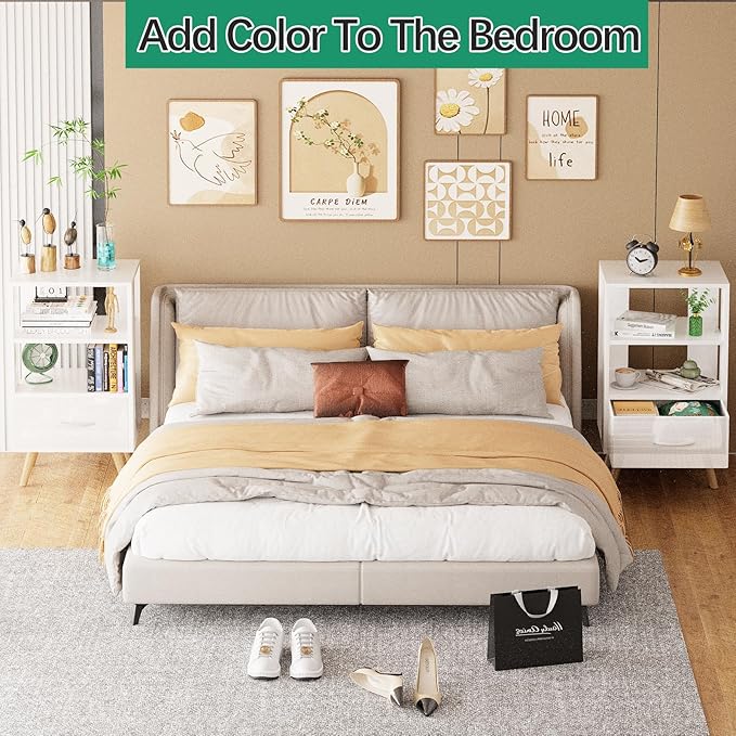 Night Stand, White Kids Nightstand with Drawer, Nursery Side Table with Open Storage, 3-Tier Modern End Table, Bedside Table for Small Space, Living Room, Bedroom