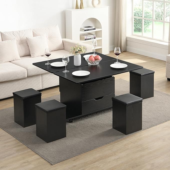 Merax Multi-Functional Lift-Top Coffee Table with Hidden Storage and Stools,Multi-Function Modern Center Table with 4 Stools and Casters,Perfect for Modern Living Spaces, Black