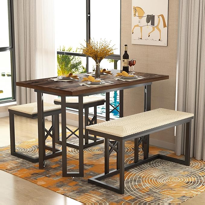 VECELO 43.3" Dining Table Sets, Farmhouse Small Kitchen Table for 4 with 3 Benches Wicker Mats,Metal Frame Space-Saving Adjustable Feets Coffee Table for Home Kitchen Dining, Dark Brown
