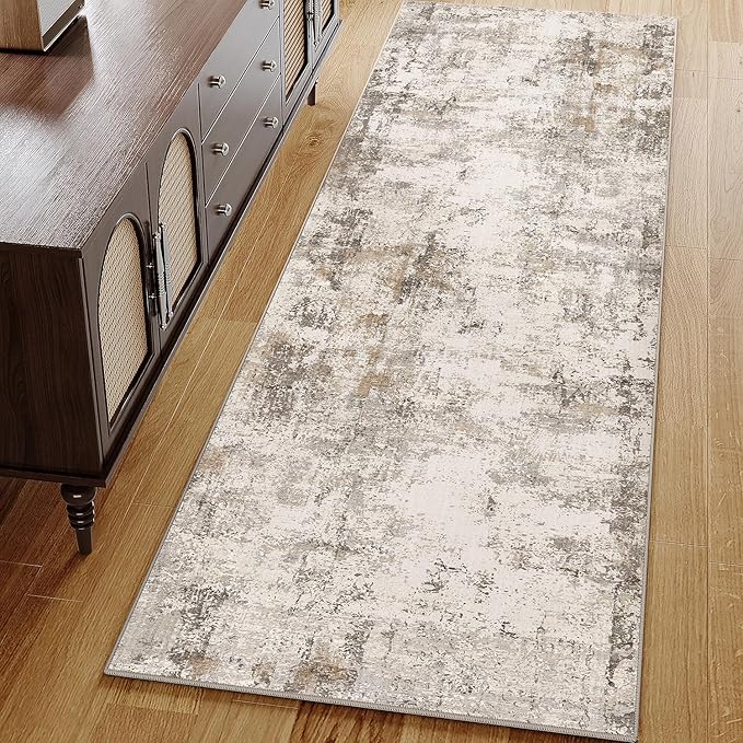 2x6 Washable Runner Rug Brown Grey Neutral Abstract Hallway Kitchen Living Room Bedroom Non Slip Throw Rug Soft Low Pile Indoor Carpet for Entrance Laundry Bathroom