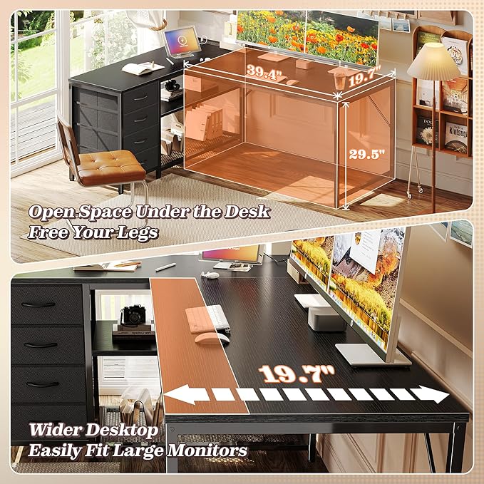 PRAISUN 53" L Shaped Desk with Power Outlets and USB-C Port, Reversible Computer Corner Office Desk with 4 Fabric Drawers and 2 Height-Adjustable Shelves, Large for Gaming Writing Work Study, Black