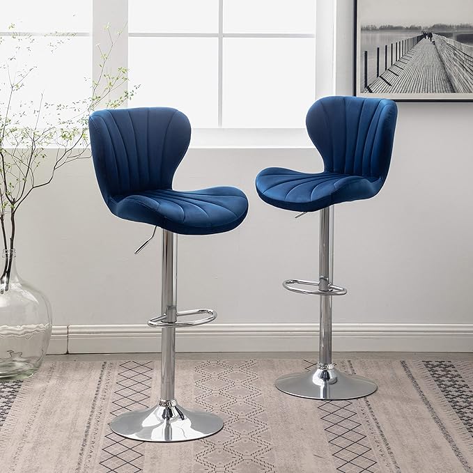 Roundhill Furniture Ellston Velvet Adjustable Swivel Barstools in Blue, Set of 2