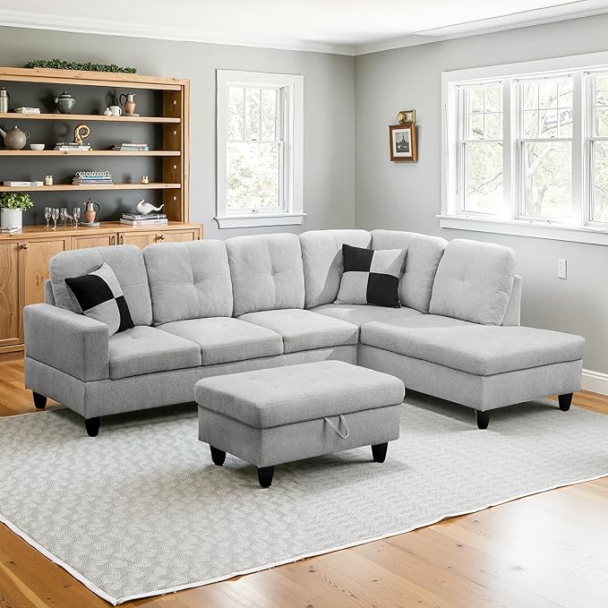 NicBex Sectional Couch 3 Pieces Sofa Set with Left Chaise Flannel L Shaped Cloud Couch for Living Room Furniture Sets with Storage Ottoman, Modular Sofa for Living Room & Apartment, Light Gray