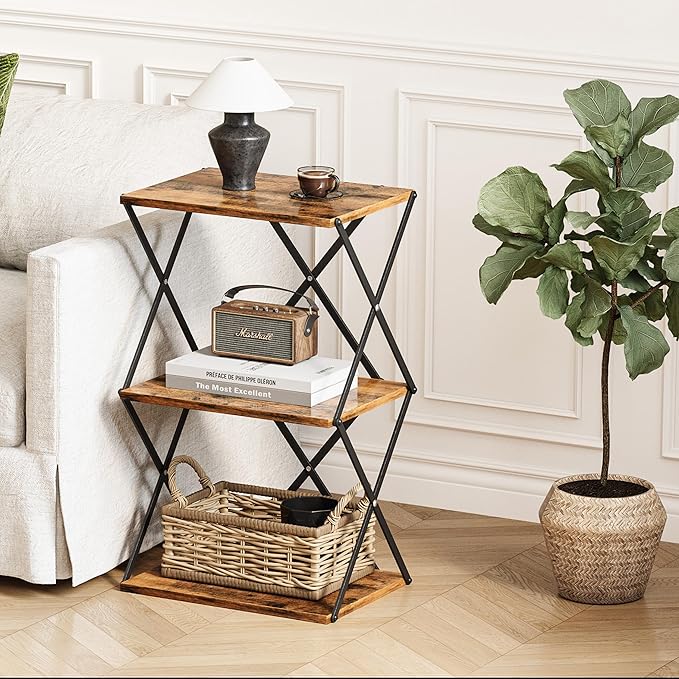 3-Tier End Table Set of 2 Small Side Table Tall Bedside Night Stand with Storage Sofa Side desks for Living Room Bedroom Office Bathroom Small Space Rustic Brown ET-03RB-2