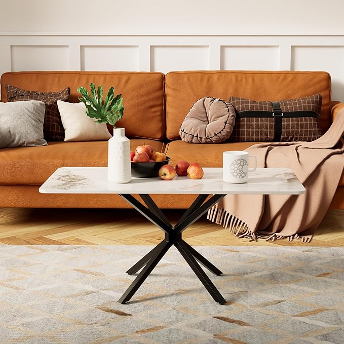 White Marble Coffee Table Modern Rectangular 40 Inch Living Room Table with Black Metal Legs Simple Stylish Center Table for Living Room Office