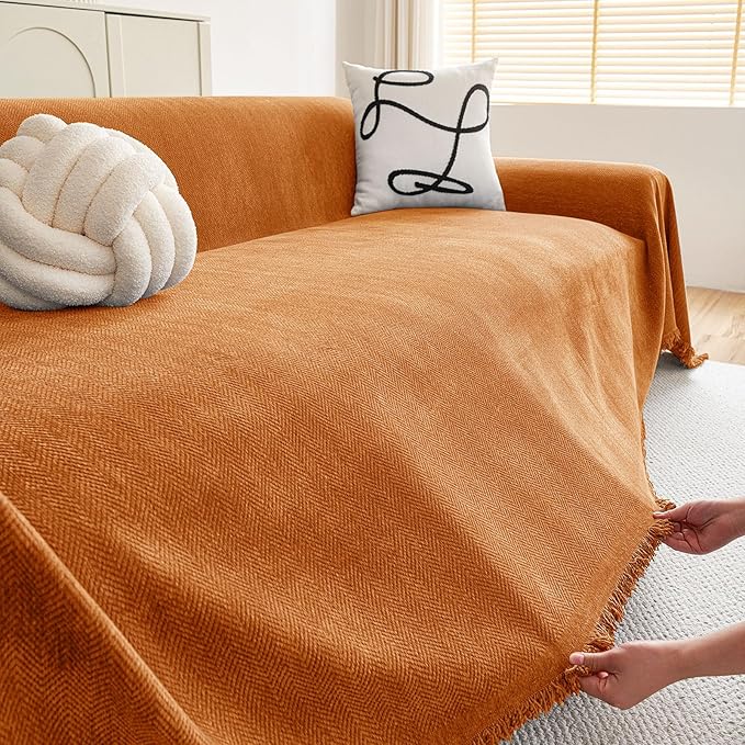 hyha Couch Cover for Dogs, Boho Sofa Covers for 3 Cushion Couch Washable, Chenille Sofa Slipcover for Pets, Soft Loveseat Sectional Couch Throw Blankets with Tassels (Orange, 88.5x134 Inch)
