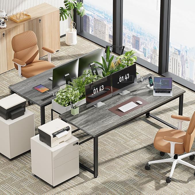 Huuger 55 x 24 inch Desk with Power Outlets & USB-C, Deeper & Thicker Desktop, Robust Metal Tubes, Computer Desk, Heavy Duty Office Desk, Work Gaming Desk for Home Office, Grey