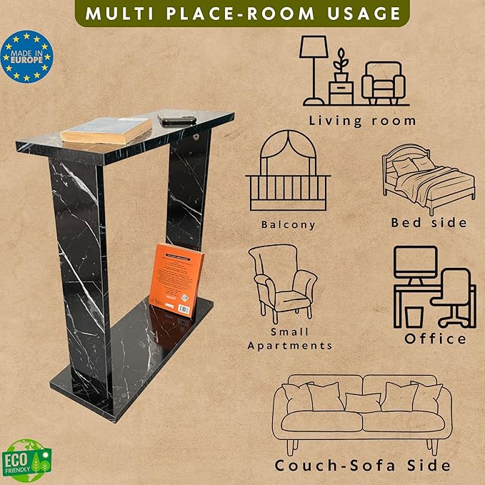 Very Narrow Side Table for Living Room, Small Apartment Space Between Chairs Skinny Table for Recliner, Couch, Armchair, Thin Slim End Table for Living Room, Bedroom, Beverages (Black Marble)