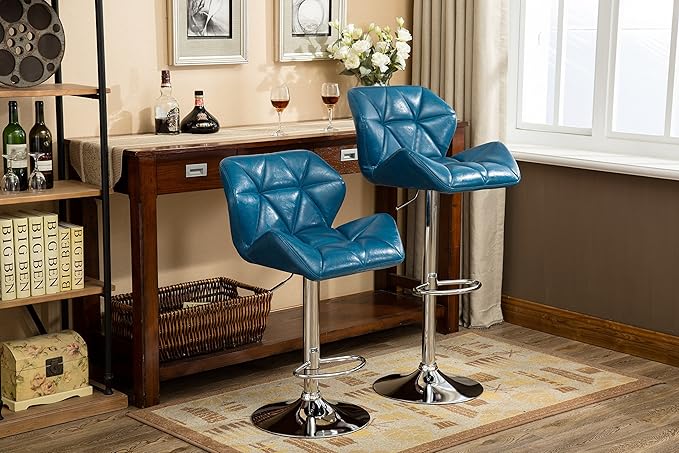Roundhill Furniture Glasgow Contemporary Tufted Adjustable Height Hydraulic Blue Bar Stools, Set of 2,
