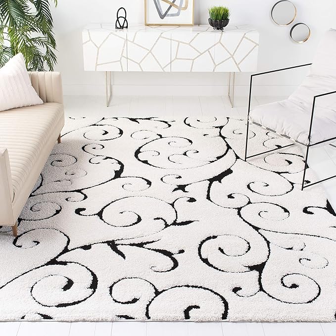 SAFAVIEH Florida Shag Collection Area Rug - 9'6" x 13', Ivory & Black, Scroll Design, Non-Shedding & Easy Care, 1.2-inch Thick Ideal for High Traffic Areas in Living Room, Bedroom (SG455-1290)