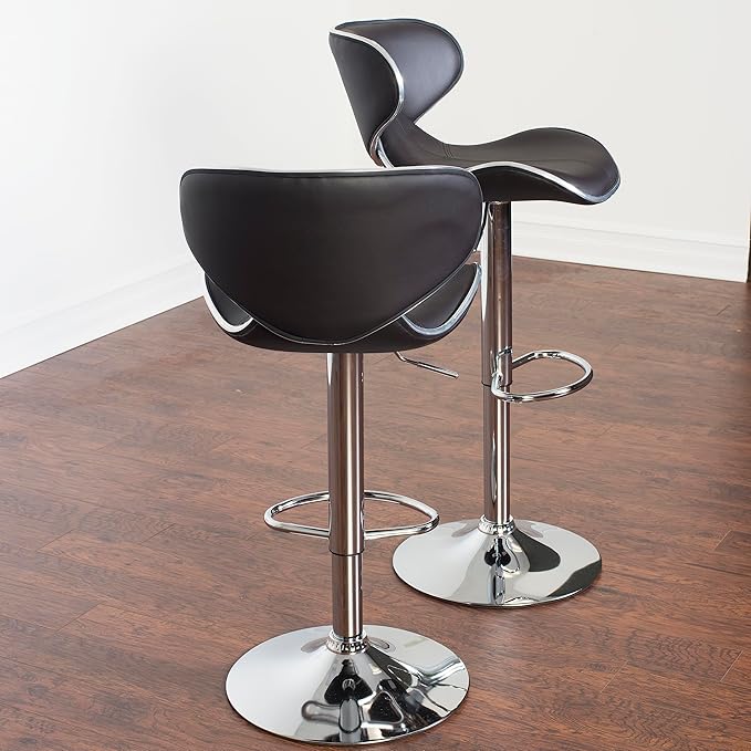 Roundhill Furniture Masaccio Cushioned Leatherette Upholstery Airlift Adjustable Swivel Barstool with Chrome Base, Set of 2, Brown