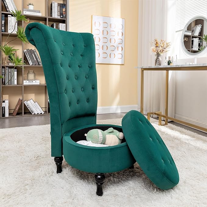 Container Furniture Direct Royal High-Back Velvet Accent Chair for Vanity with Storage and Luxurious Upholstery, Retro Design and Versatile Usage for Living Room, Bedroom, Lounge and Office, Green