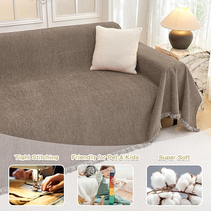 MYSKY HOME Couch Cover for Dogs Washable Couch Covers Couch Covers for Dogs Couch Cover 2 Cushion Sofa Non Slip Dogs Furniture Protector with Tassels Chenille Sofa Covers for Pets, 71"x102", Sand
