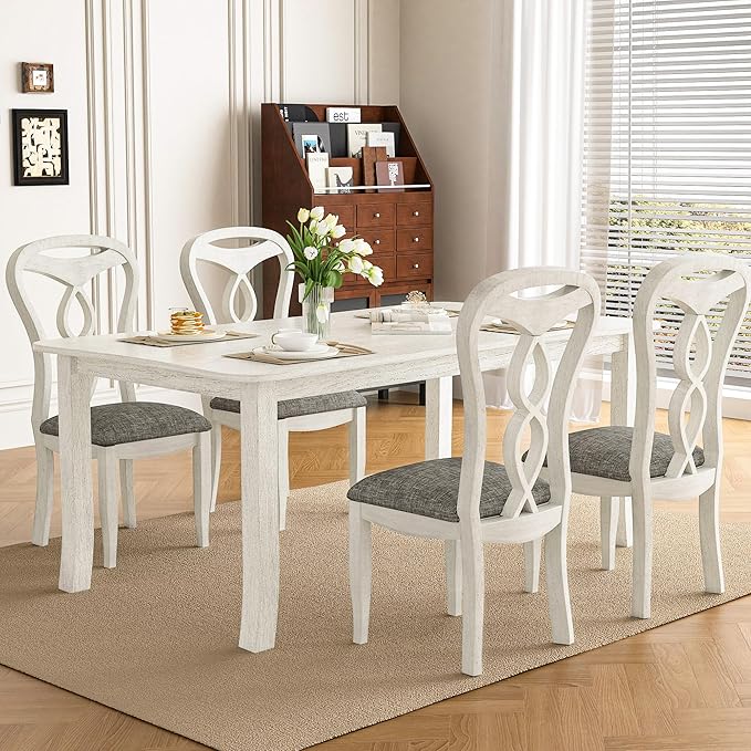 Solid Wood Dining Chair Set of 4, Kitchen Dining Room Chair with Upholstered Cushion & Wooden Legs, Modern Wood Side Chairs for for Kitchen, Washed Gray