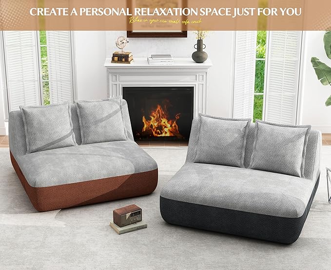 Hobestluk Small Sofa Couch Lounge Sofa Chair for Living Room, Comfy Memory Foam Couch, Mini Sofa with Side Pocket for Living Room, Bedroom (Terracotta+Light Grey)