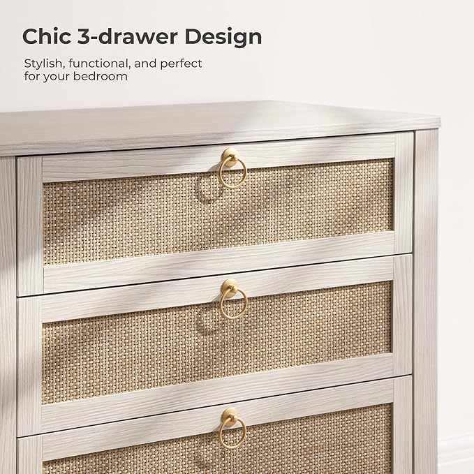 SICOTAS White Nightstand Set 2 with Drawers - Large Rattan Bedside Table with Golden Handle, 3 Drawers Night Stand Tall End Table 26.78" Wide Side Table Boho Nightstand for Bedroom