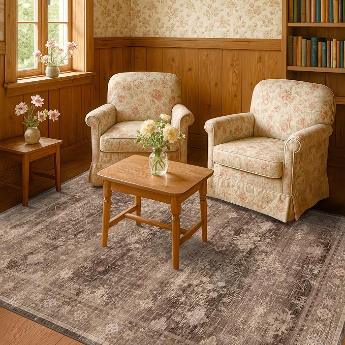 Boho Taupe Brown 5x7 Living Room Rug - Modern Vintage Traditional Oriental Neutral, Washable Low Pile Non-Slip Large Area Rugs for Nursery Dining Under Table