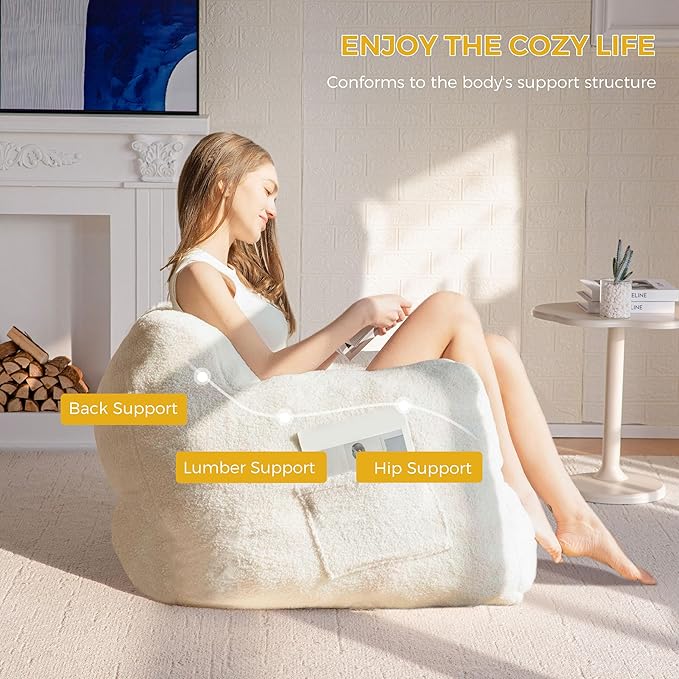 MAXYOYO Bean Bag Chair, Tufted Bean Bag Sofa with Boucle Fabric, Comfy Lazy Chair with Filler, Living Room Sofa for Adults Teens, Accent Couch for Bedroom Dorm, Beige