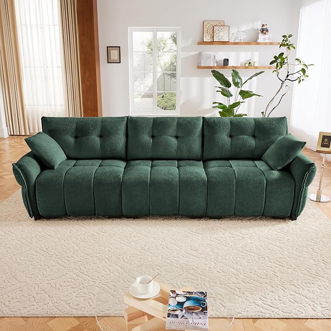 Modern Chenille Fabric 3-Seat Sofa w/ 2 Pillows, Premium Upholstery Living Room Couch with Tufted Backrest & Comfortable Armrests and High-Resilience Memory Foam Cushions,Green