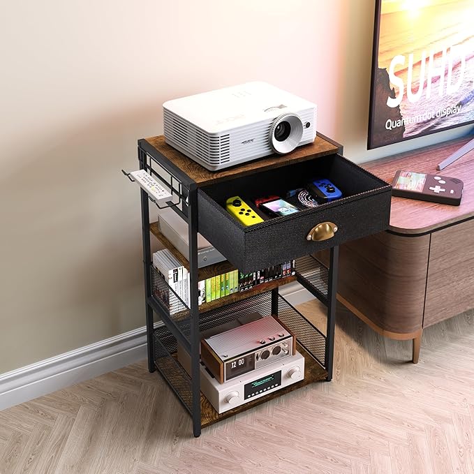 4-Tier AV Media Stand with Drawer, Video Game Console Shelf with 2 Hooks, Audio Rack Tower Perfect for/Xbox/ PS5/Switch/Game Consoles/DVD/Record Player/Projector/Sky Box/TV Accessories