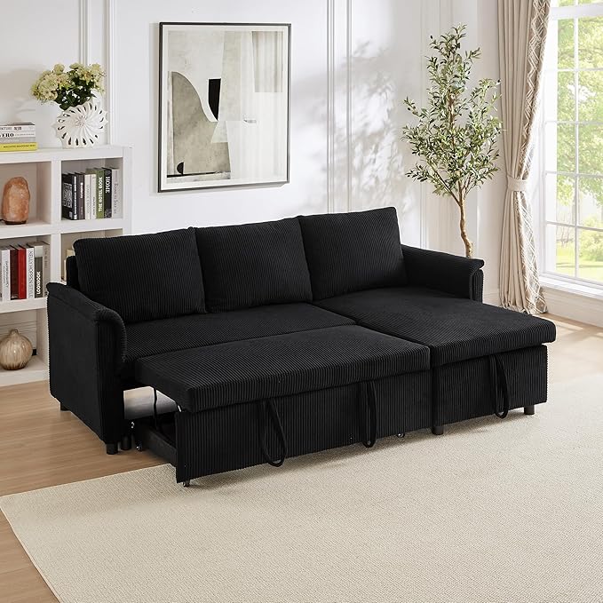 Ball & Cast L-Shape Reversible Sectional Sleeper Sofa Bed 4 in 1 Pull Out Couch with Storage Chaise&Removable Backrest,Convertible Sleeper Corner Couch Pull-Out Sofa Bed for Living Room,Corduroy,Black
